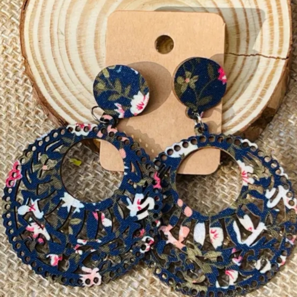 Handcrafted Y2K Floral Blue‎ Statement Wooden Earrings-(#0116)